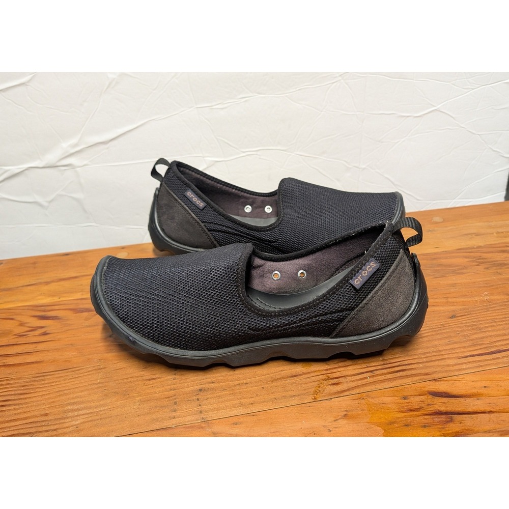 Crocs Busy Day Slip On Black Mesh Flats Shoes W8 Stretch Fabric Ballet 14698